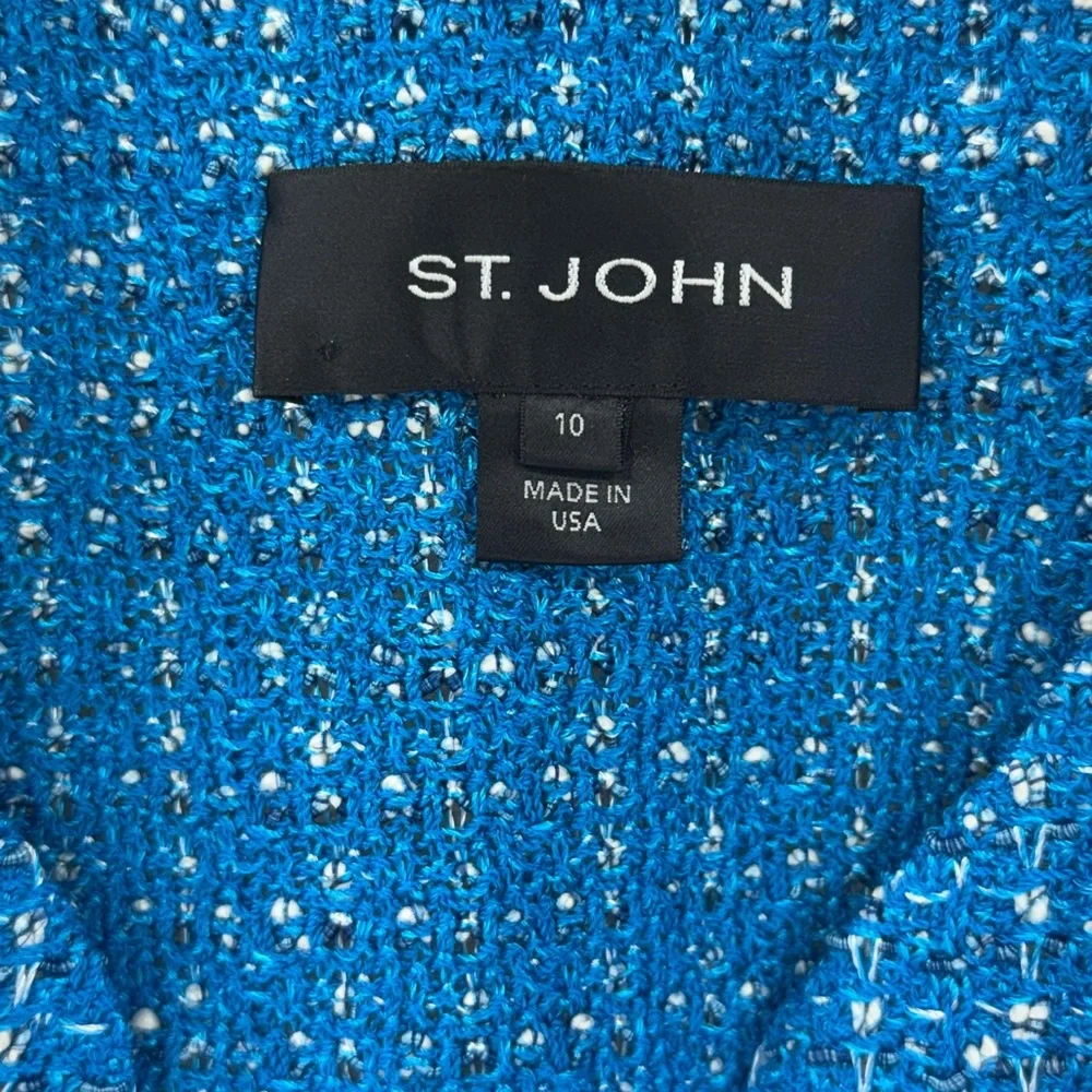 ST. JOHN Knits Boucle Tweed Blazer Wool Blend Stretch Blue White Jacket Size 10 - Picture 8 of 13
